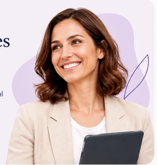 Educadora sorridente com blazer claro e tablet