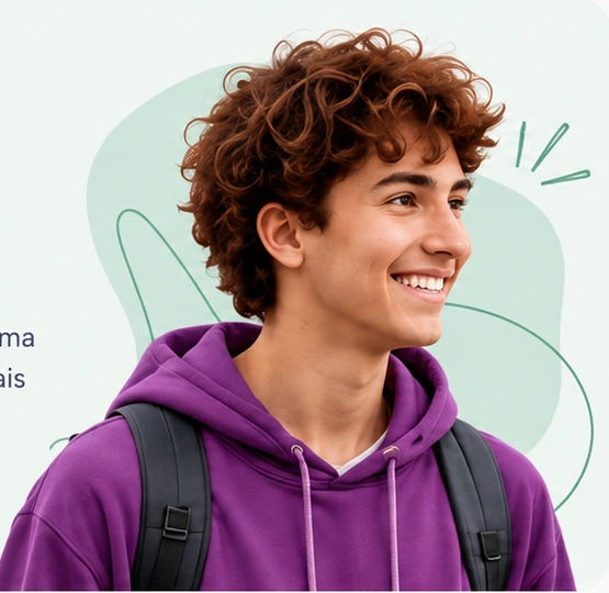 Adolescente sorridente com moletom roxo